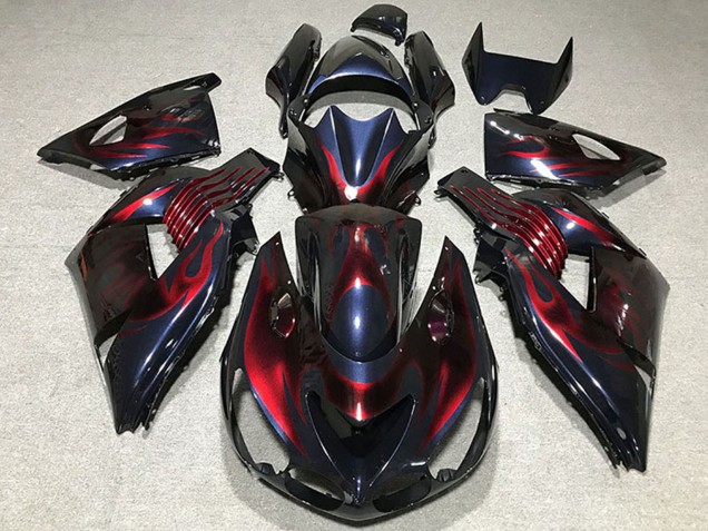 Carénages Moto Kawasaki ZX14R 2006-2011 - Caméléon Bleu Noir Rouge Flamme
