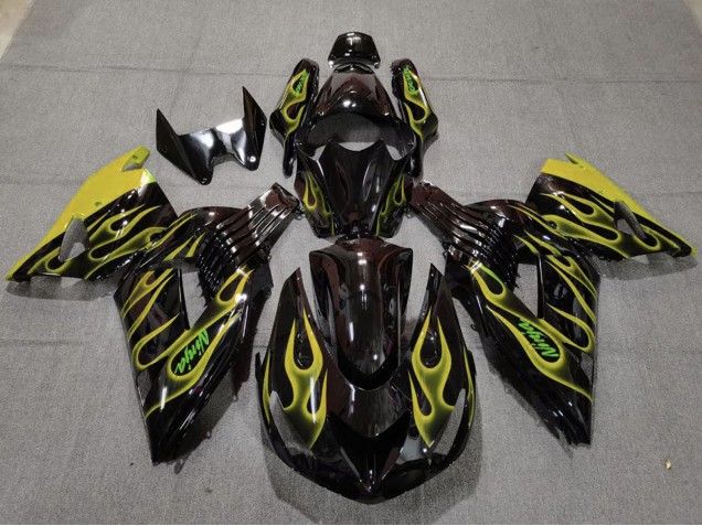 Carénages Moto Kawasaki ZX14R 2006-2011 - Noir Brillant Jaune Flamme