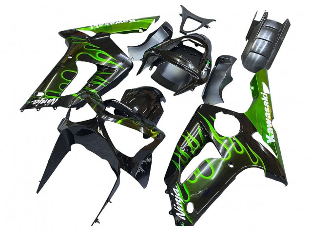Carénages Moto Kawasaki ZX6R 2003-2004 - Noir Brillant Vert Flamme