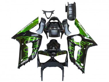 Carénages Moto Kawasaki ZX6R 2003-2004 - Noir Brillant Vert Flamme