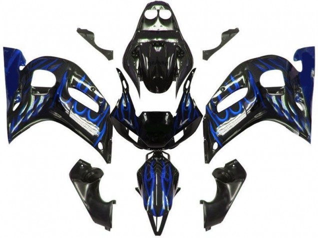 Carénages Moto Yamaha YZF 600 R6 1998-2002 - Noir Brillant Bleu Flamme