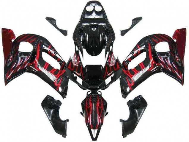 Carénages Moto Yamaha YZF 600 R6 1998-2002 - Noir Brillant Rouge Flamme