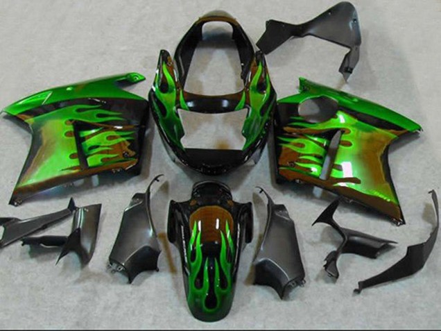 Carénages Moto Honda CBR1100XX Blackbird 1996-2007 - Noir Brillant Vert Flamme