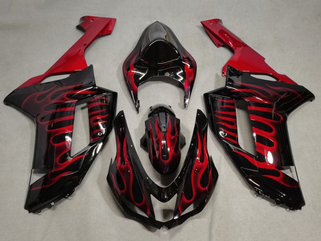 Carénages Moto Kawasaki ZX6R 2007-2008 - Noir Rouge Flamme