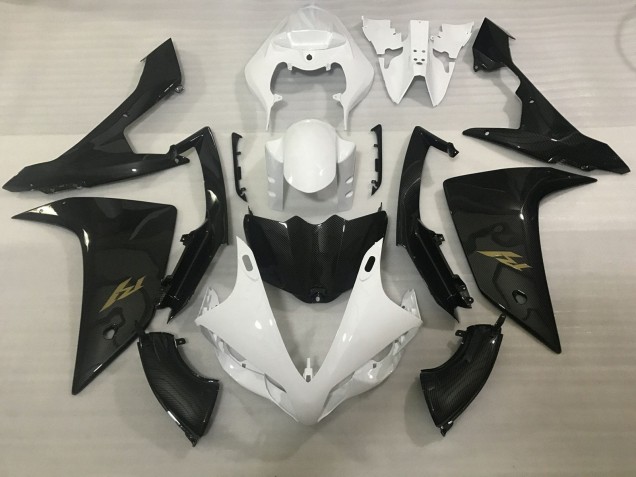 Carénages Moto Yamaha YZF 1000 R1 2007-2008 - Blanc Fausse Fibre de Carbone Or Décalque