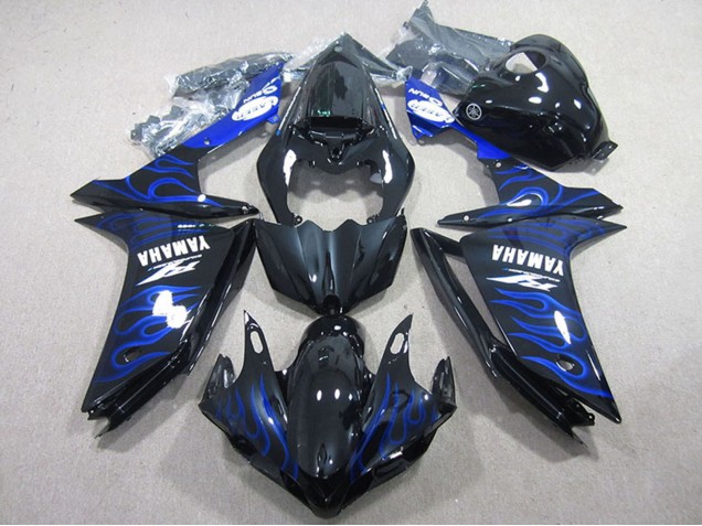 Carénages Moto Yamaha YZF R1 2007-2008 - Noir Brillant Bleu Flamme