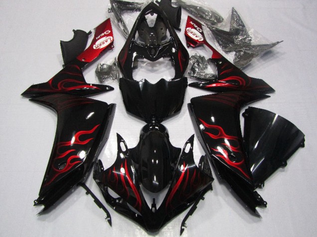 Carénage Moto Yamaha YZF R1 2007-2008 - Noir Brillant Rouge Flamme