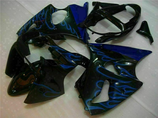 Noir avec Bleu Flamme Carénage Moto Kawasaki ZX6R 2000-2002 Noir avec Bleu Flamme Carénage Moto Kawasaki ZX6R 2000-2002