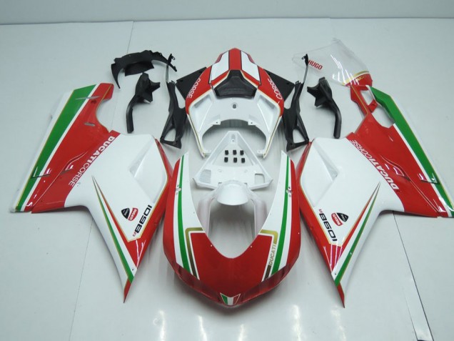 Blanc et Rouge avec Vert Bande Carénage Moto Ducati 848 1098 1198 2007-2014 Blanc et Rouge avec Vert Bande Carénage Moto Ducati 848 1098 1198 2007-2014